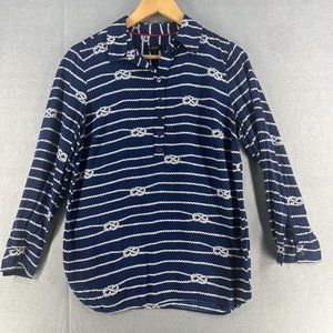 Talbots Womens Top Small Blue Nautical Knots Long Sleeve Half Buttons Casual